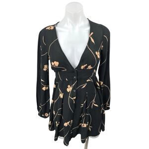 Billabong Black Beige Your Love Floral Long Sleeve Button-Up Skater Mini Dress S